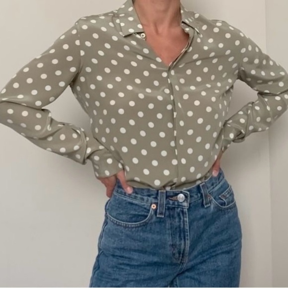 Equipment Women’s Silk Olive Sage Polka Dot Button-Down Long sleeve Shirt New M - Picture 1 of 14